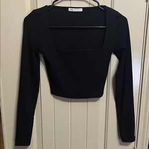 Zara Black Long Sleeve Square Neck Crop Top